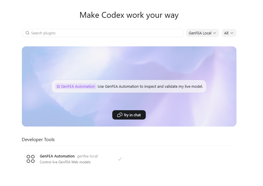 Codex using the GenFEA Web automation plugin