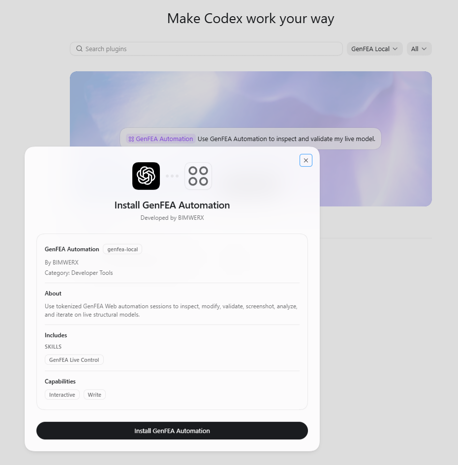 GenFEA Web plugin workflow in Codex