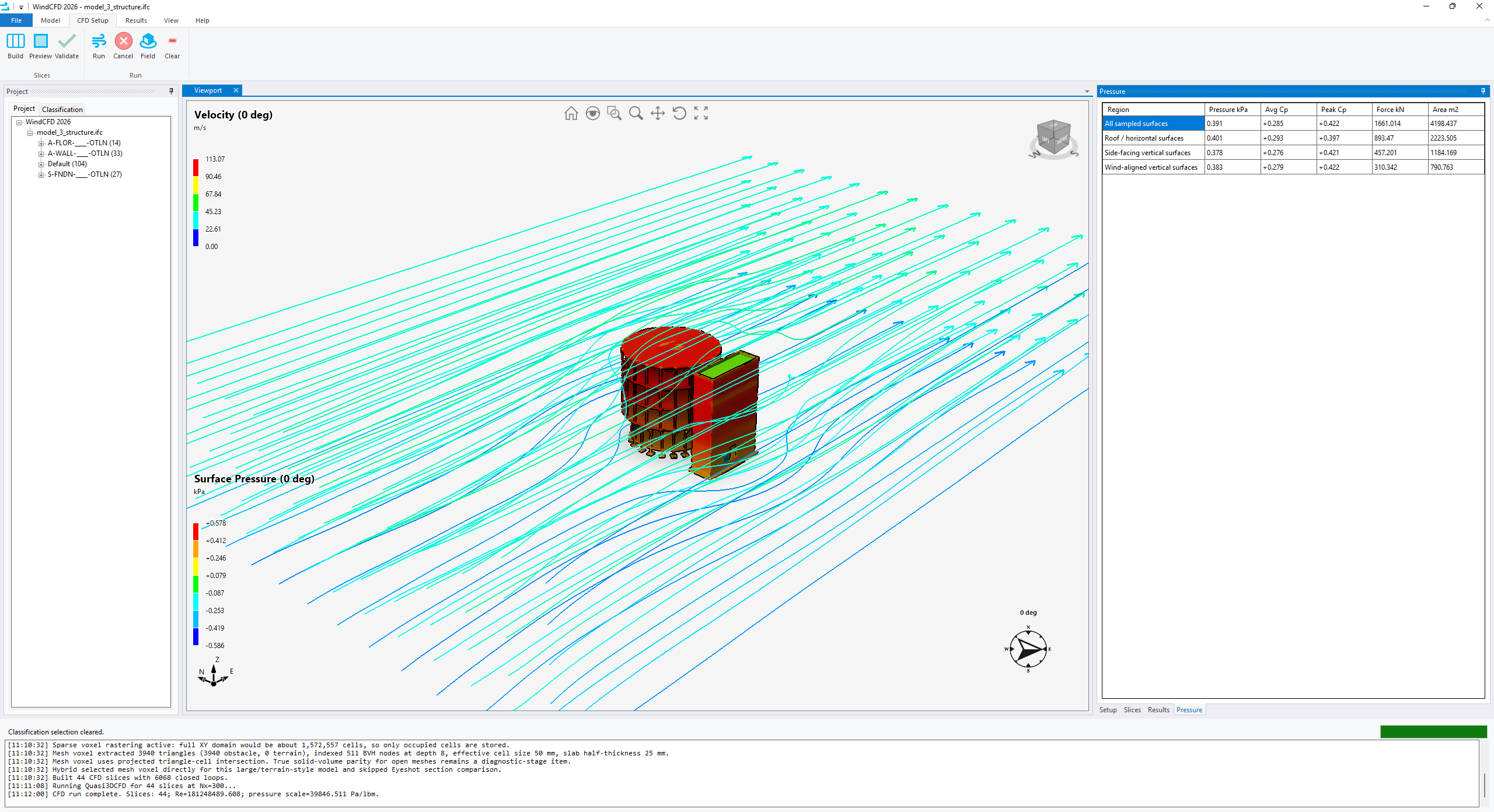 WindCFD pressure and streamline results